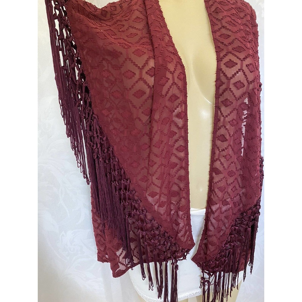 House Of Harlow 1960 Fringe Kimono Tunic Cardigan Burgundy Red Open Fron… - Picture 4 of 5